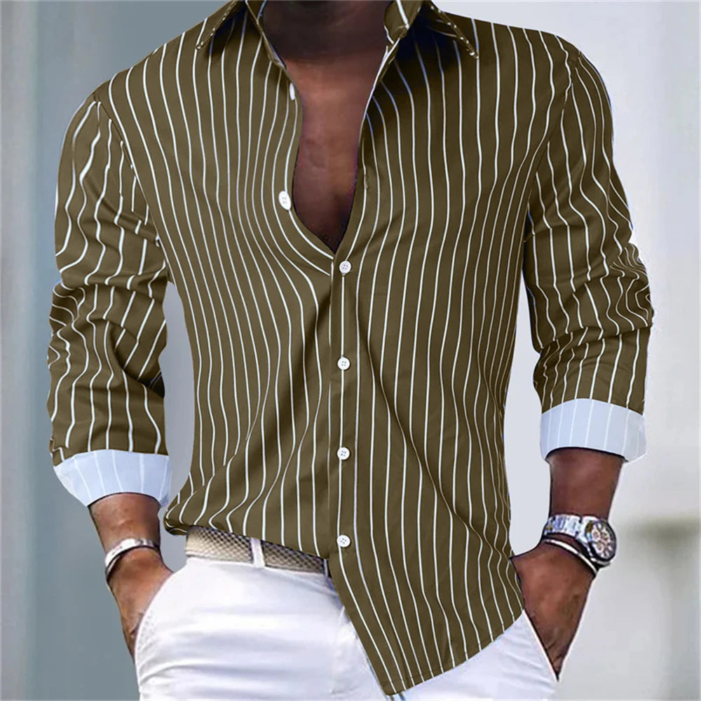 Herrlångärmade skjortor randiga skjortor mode högkvalitativa herrtoppar casual semester pendling snygga plus size-kläder
