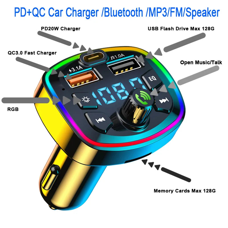 Bil Bluetooth 5.0 FM-sändare Trådlös Adapter Mikrofon Ljudmottagare Bil MP3-spelare 2.1A Dubbel USB Snabbladdare Biltillbehör