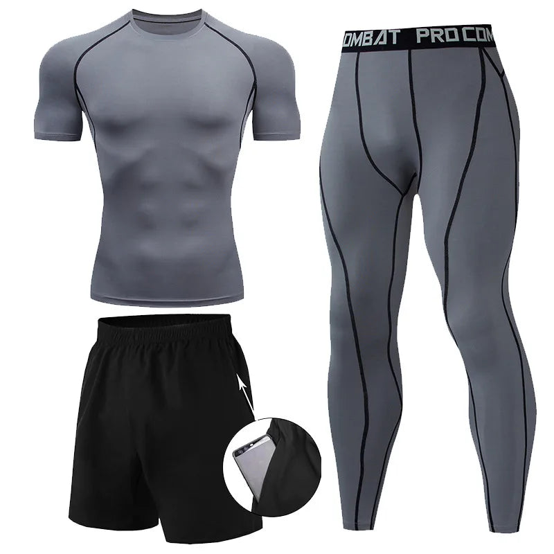 Herr 2/3-delars set boxningsdräkt rashguard herrkit MMA kompressionskläder herr långärmad t-shirt + leggings träningsdräkt sportdräkt