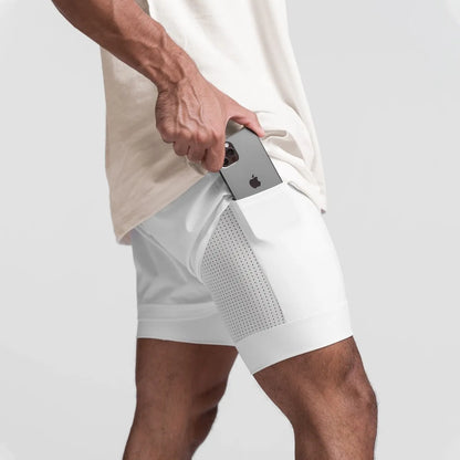 Herr Sommar 2-i-1 Dubbelskiktade Shorts Gym Fitness Träning Långsam Löpning Andningsbara Elastiska Kompressionsshorts Herr Dubbelskiktade Shorts