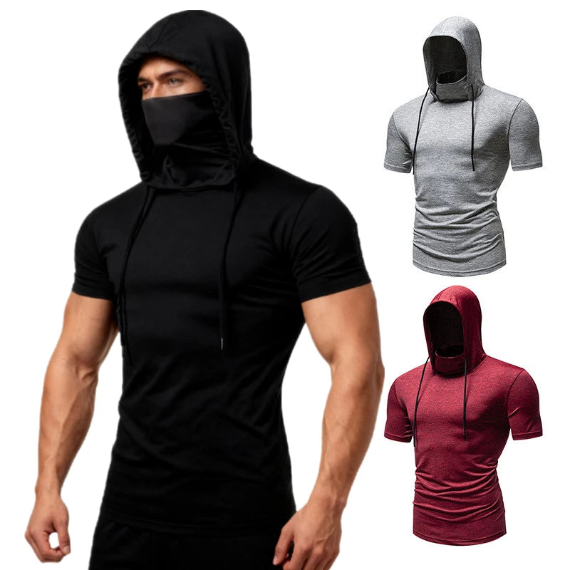 Herr Gym Tunn Hoodie Kortärmad Hoodies Med Mask Tröja Casual Splice Stor Mask Hoodie Tröja Cykling
