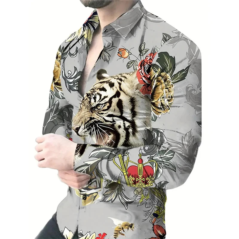 Långärmade skjortor med tigertryck för män, 3D-tryck med djurmotiv, casual skjorta med knappar, slim fit, plus size-skjorta