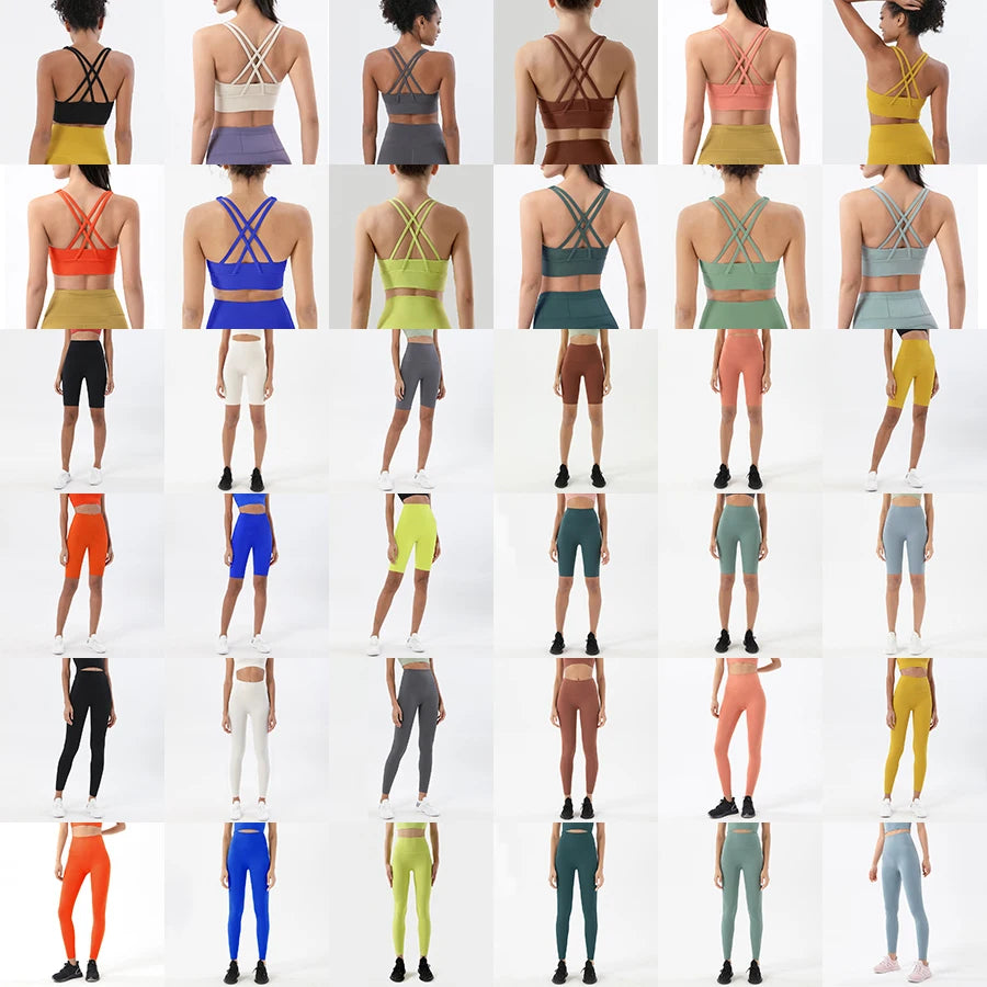 SOISOU Nylon Yogakläder Gym Fitness Leggings Sport BH Shorts Set Hög Midja Elastisk Damkläder 3 Typer 12 Färger