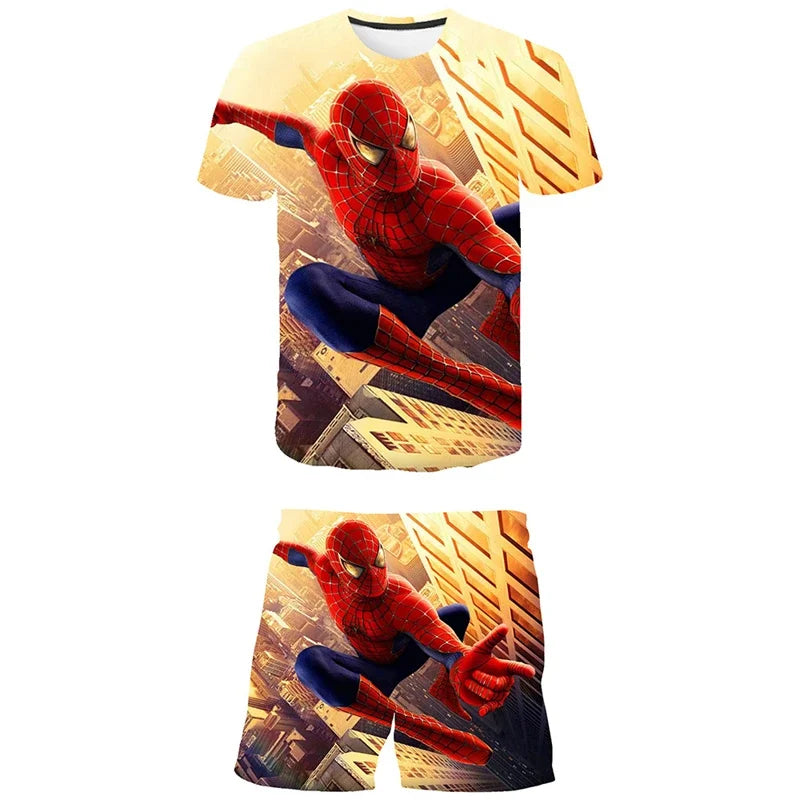 Kids Unisex Marvel Tshirt Set Summer Game Print Superhero Clothes Hulk Iron Man Short Sleeve Pants 2 Piece