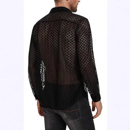 [Vår/Sommar Nyhet] Trenden med ihålig mesh, nattklubb, fest, casual, herrskjorta, sexig spetsperspektiv, långärmad skjorta för män