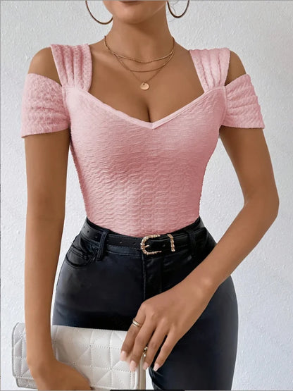 Sexy Off-Shoulder Women's Slim Tops Fashionable Solid Color T-Shirts Spring Summer Simple Short Sleeve Female V-Neck Blouse