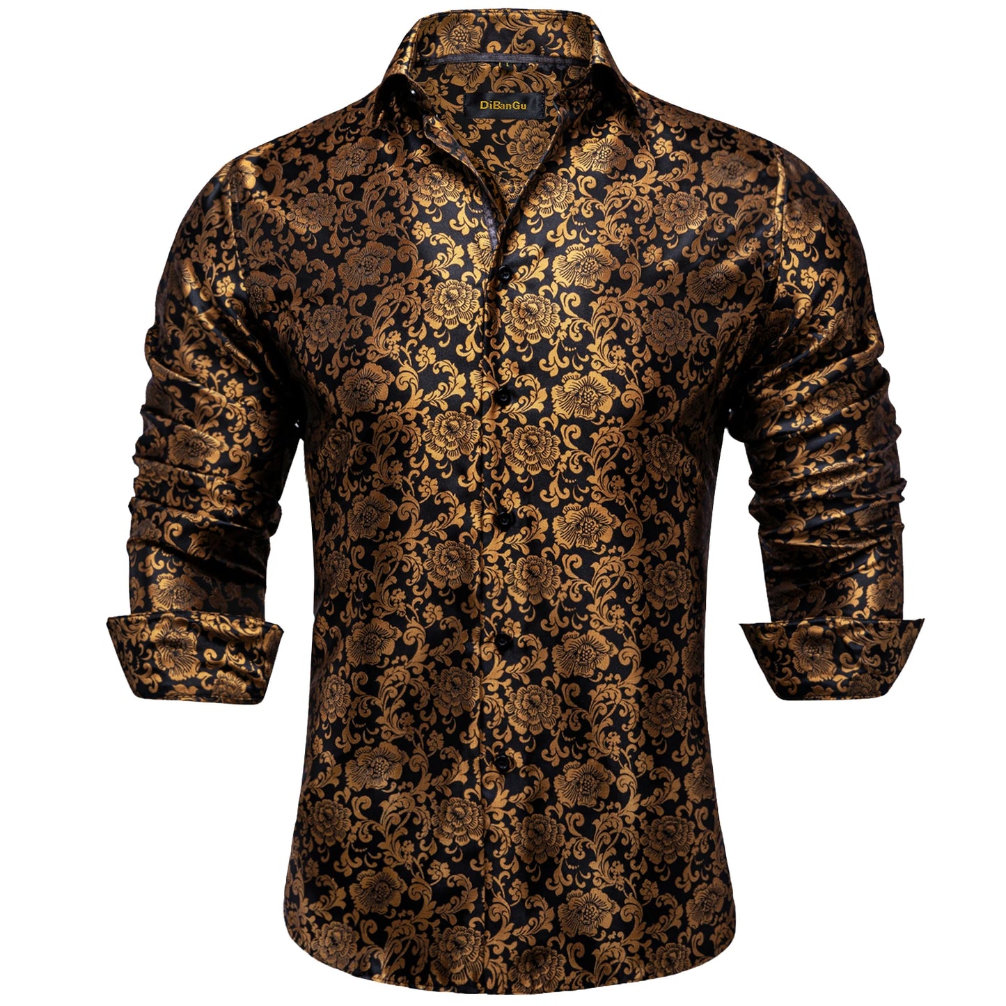 2026 Lyxig Herrskjorta Formell Bal Smoking Långärmad Siden Polyester Gyllene Färg Paisley Svarta Skjortor Blus Herrkläder