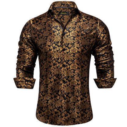 2026 Lyxig Herrskjorta Formell Bal Smoking Långärmad Siden Polyester Gyllene Färg Paisley Svarta Skjortor Blus Herrkläder