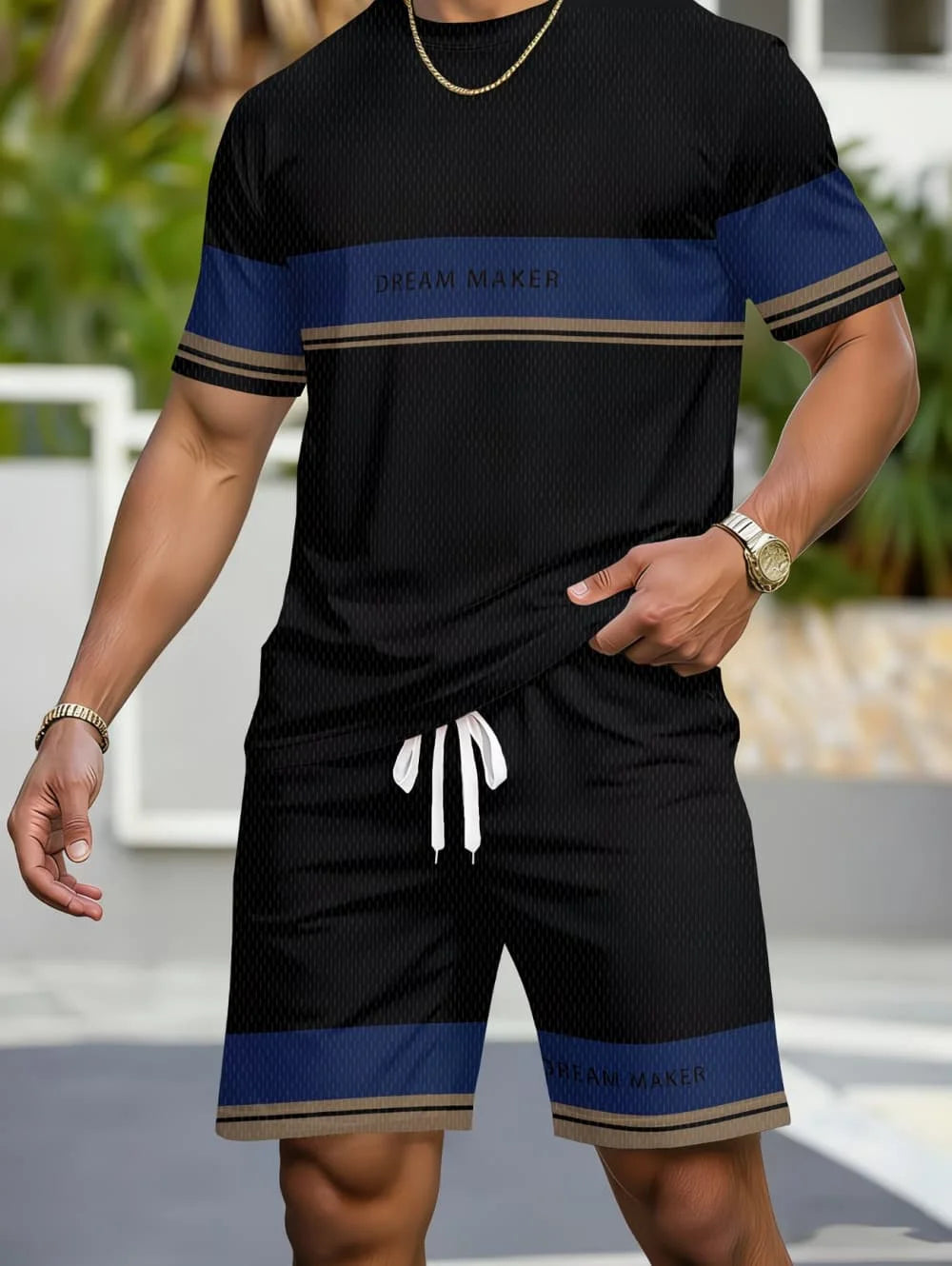Avslappnad randig mönstrad t-shirt shorts set stor storlek lös herr kortärmad t-shirt med elastisk midja shorts 2-delat set sportkläder