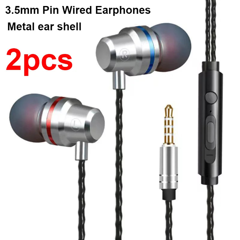 2 st trådbundna hörlurar, 3,5 mm trådbundna hörlurar med mikrofon, HiFi-stereospelheadset, brusreducerande metallhörlurar, för Xiaomi