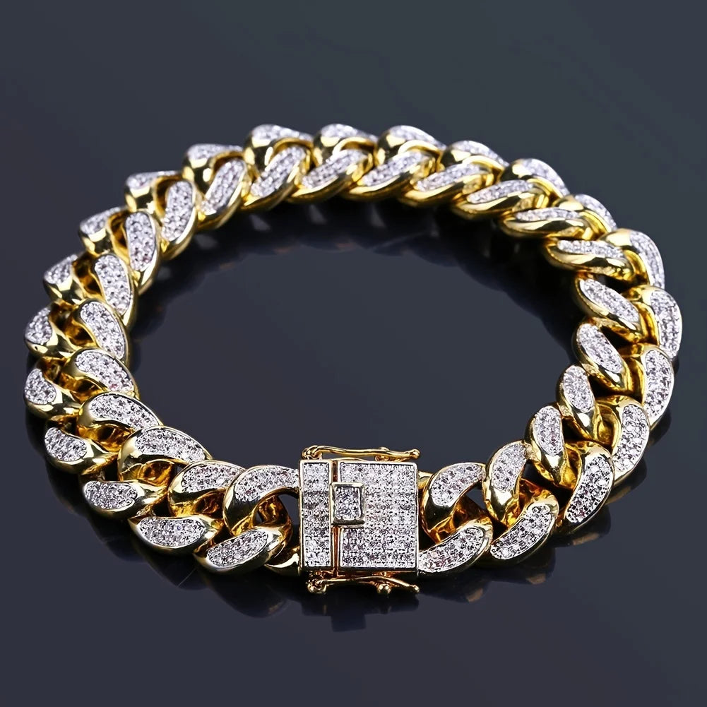 Lyxigt Iced Out kubansk länkkedja armband för män belagda kristaller hiphop-smycken rostfritt stål bling bling armband present