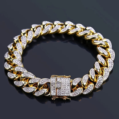 Lyxigt Iced Out kubansk länkkedja armband för män belagda kristaller hiphop-smycken rostfritt stål bling bling armband present