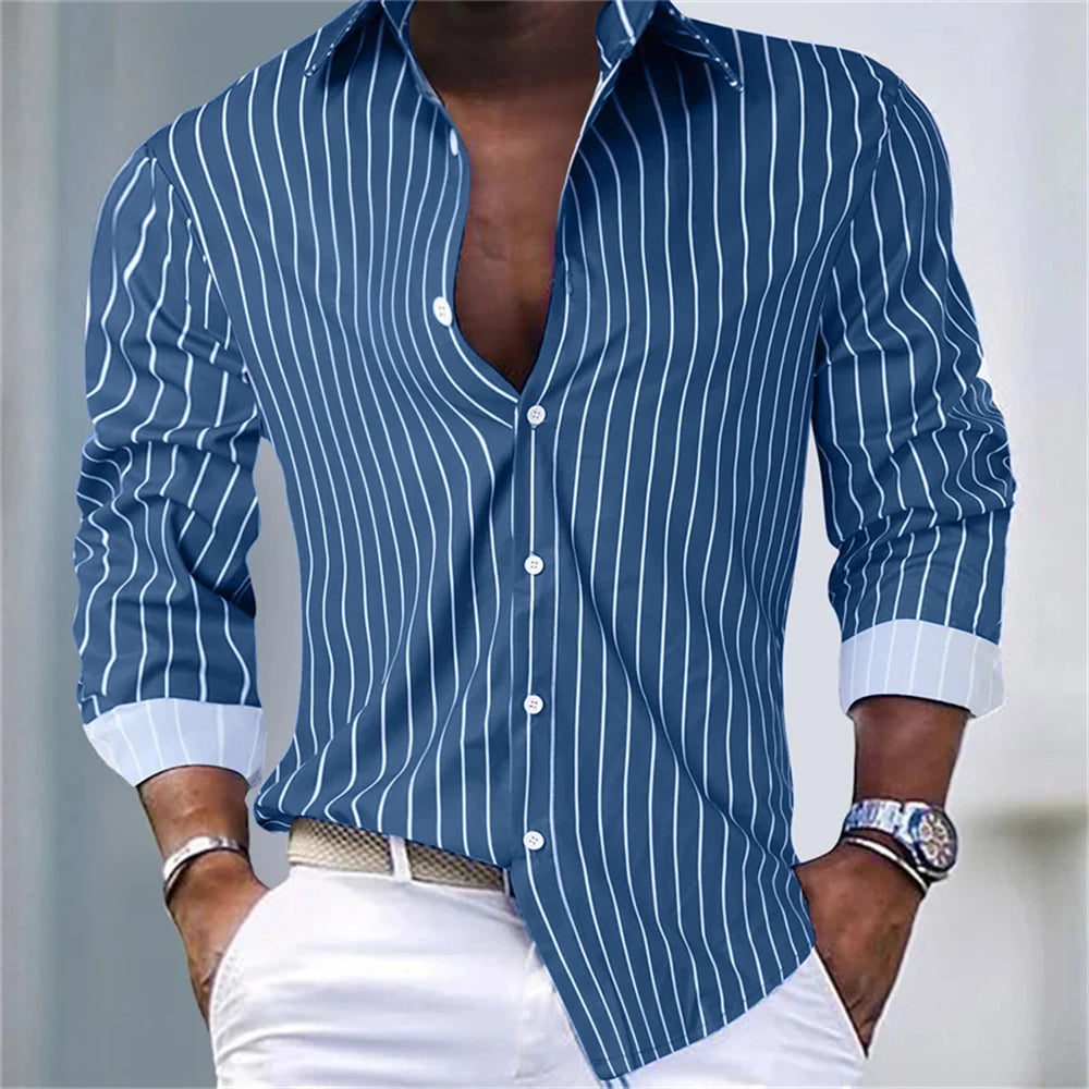Herrlångärmade skjortor randiga skjortor mode högkvalitativa herrtoppar casual semester pendling snygga plus size-kläder