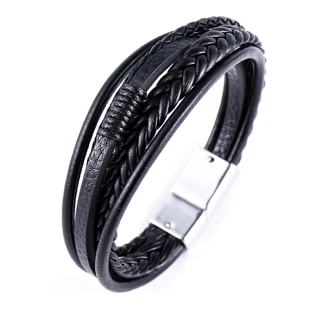 Flerskiktade flätade reparmband för män, klassiskt handgjort PU-läderarmband med magnetiskt spänne, trendiga punksmycken