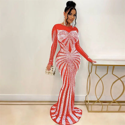 Lyxig glittrande kristall strass sjöjungfru aftonklänning för kvinnor festklänning nattklubb mesh transparent bodycon maxiklänning elegant