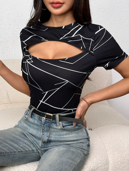 Womens T Shirt Geometric Print Cutout Short Sleeve T Shirt Printed Top Fitted Casual Chic Apparel Tops Spring Summer Daily Shirt