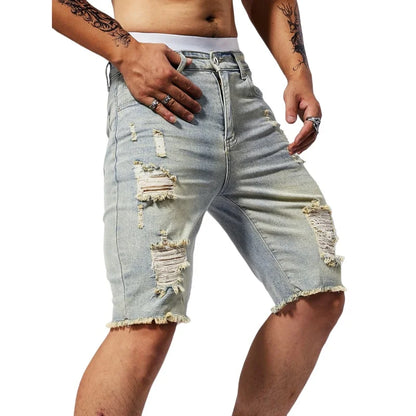 Sommar Slitna Jeans Herr Stretch Denim Shorts Herr Korta Jeans Slim Raka Shorts Mode Svarta Jeans Herrkläder Streetwear