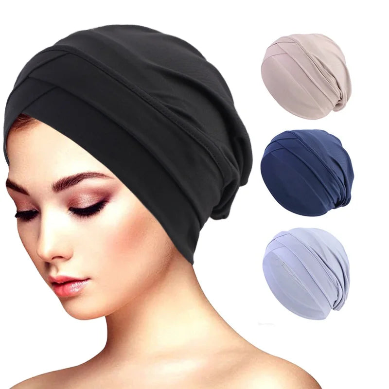 Ny klassisk pannkorsad turbanhatt elegant enfärgad huvudbonad huvudduk andningsbar elastisk mössa muslimsk kemohatt