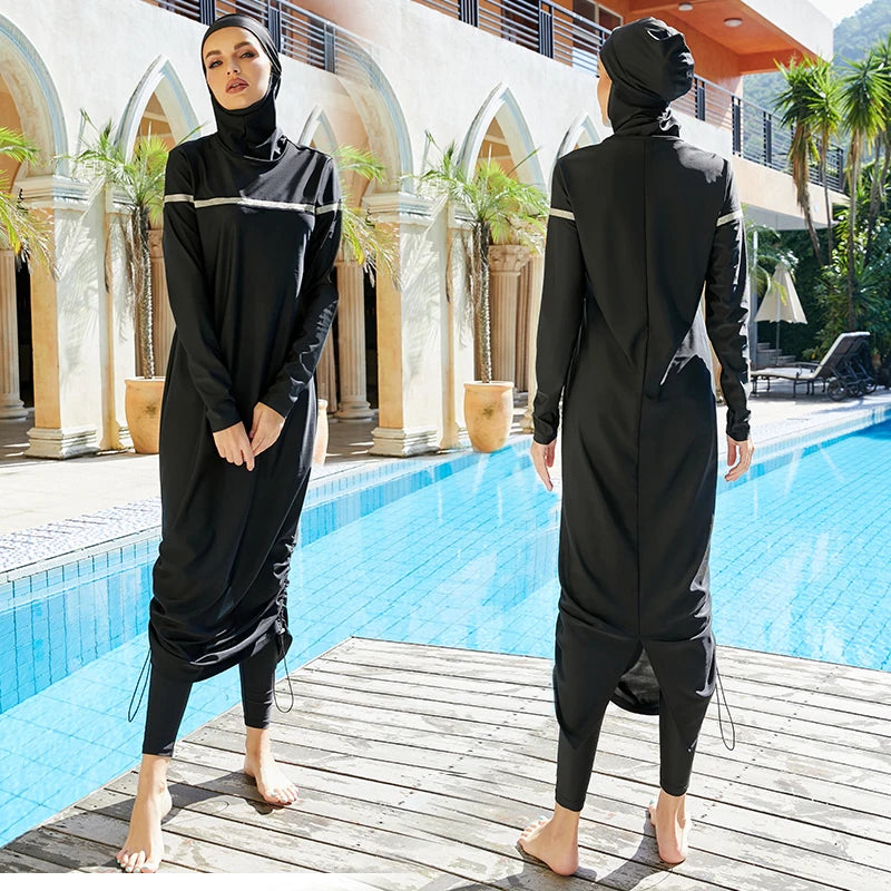 3 delar muslimsk burkini damerset blå blommigt tryck bantningskläder sexiga badkläder dam långärmade byxor rund halsringning