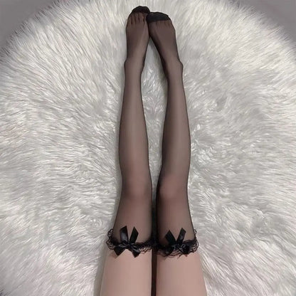 Sexiga Svarta Vita Overknee Långa Strumpor Lolita Rosett Lår Nätstrumpor Söta Flickor Punk Spets Mesh Leggings