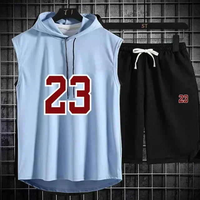 Sommar Nytt Herr Ärmlös Huva T-shirt + shorts Byxor Sport tvådelat set Gym Mode Casual Herr Dam Sport tvådelat set