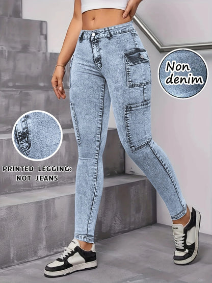 Modetryckta faux denim skinny byxor, hög midja elastisk höftlyftande magkontroll ytterkläder långa leggings