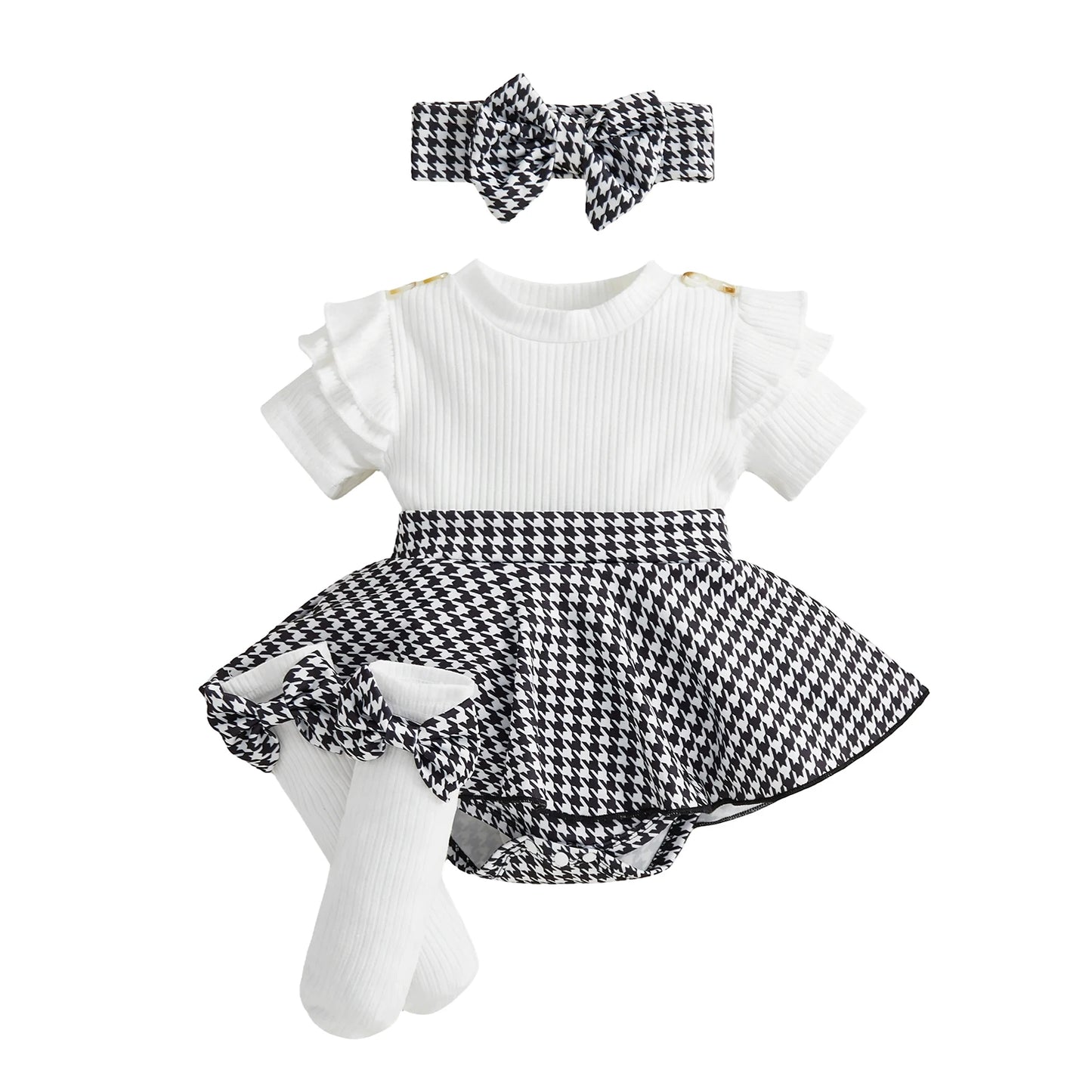 Spädbarn Nyfödd Baby Flicka Våroutfit Hundtandsmönster Kortärmad Ribbad Sparkdräkt Klänning Rosett Pannband och Strumpor 3 Delat Set