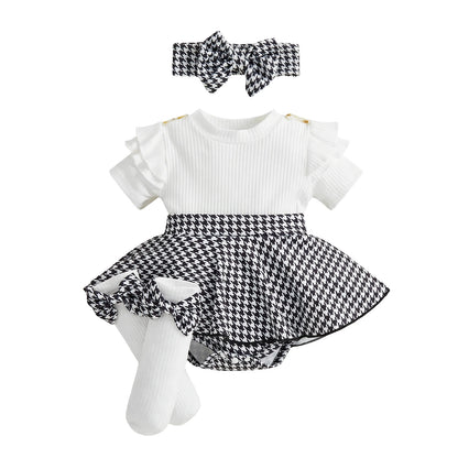 Spädbarn Nyfödd Baby Flicka Våroutfit Hundtandsmönster Kortärmad Ribbad Sparkdräkt Klänning Rosett Pannband och Strumpor 3 Delat Set