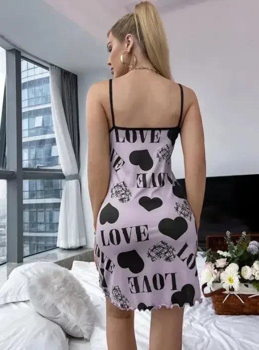 Sexig Spaghetti Strap V-ringad Nattlinne Dam Nattlinne Sommar Lös Bomull Nattlinne Kvinnlig Söt Tryck Sovklänning Lätt Sovplagg