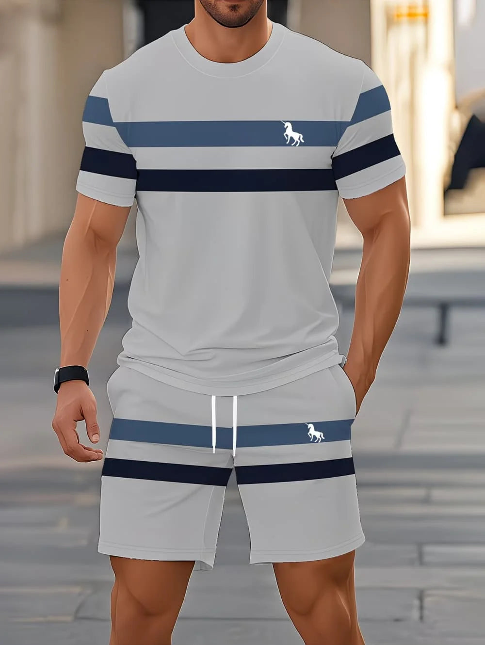 Avslappnad randig mönstrad t-shirt shorts set stor storlek lös herr kortärmad t-shirt med elastisk midja shorts 2-delat set sportkläder