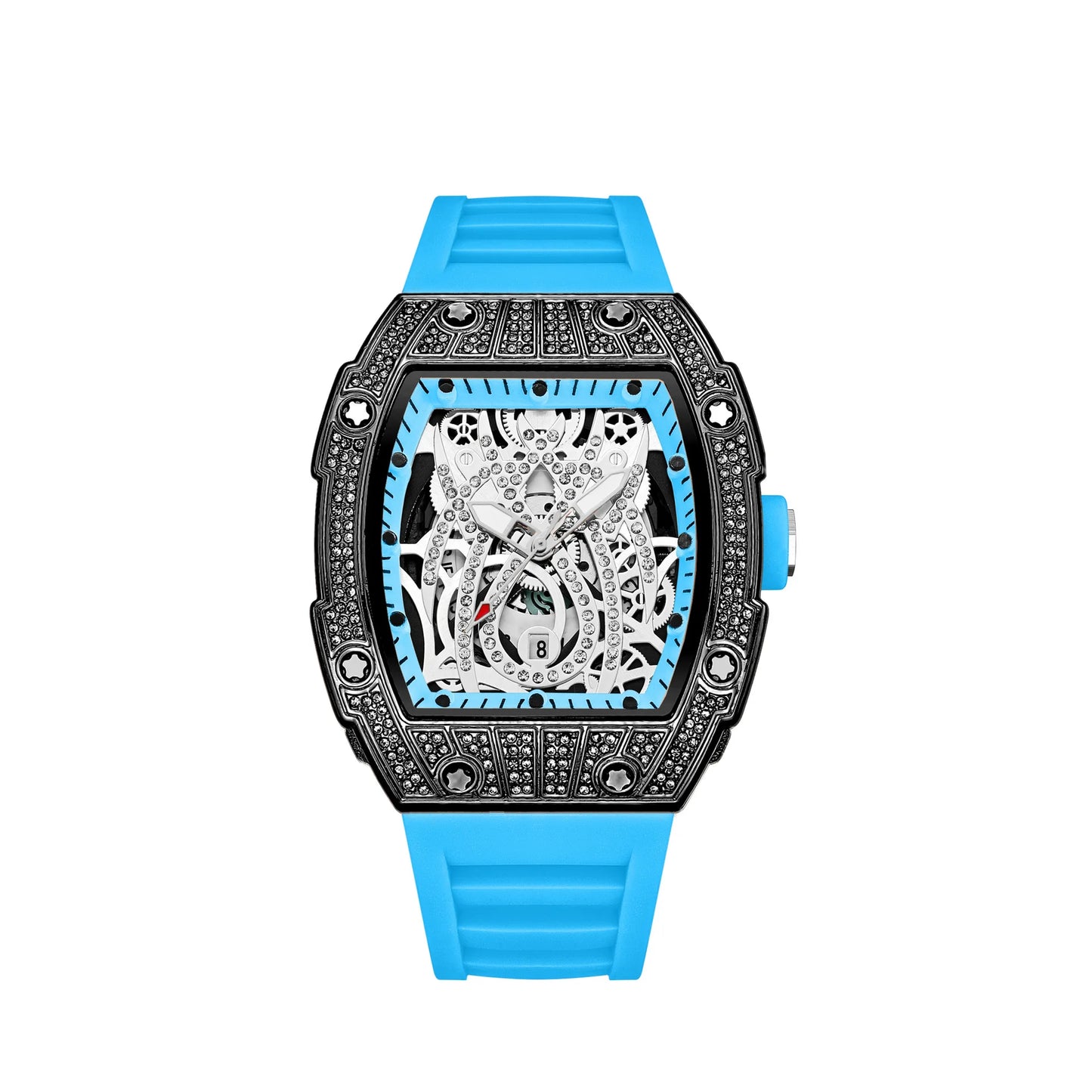 Mode Tonneau Hollow Full Diamond Gravyrhuvud Quartz Klocka Herr Lyxig Lysande Vattentät Datum Klockor Herr Stål Herrklocka
