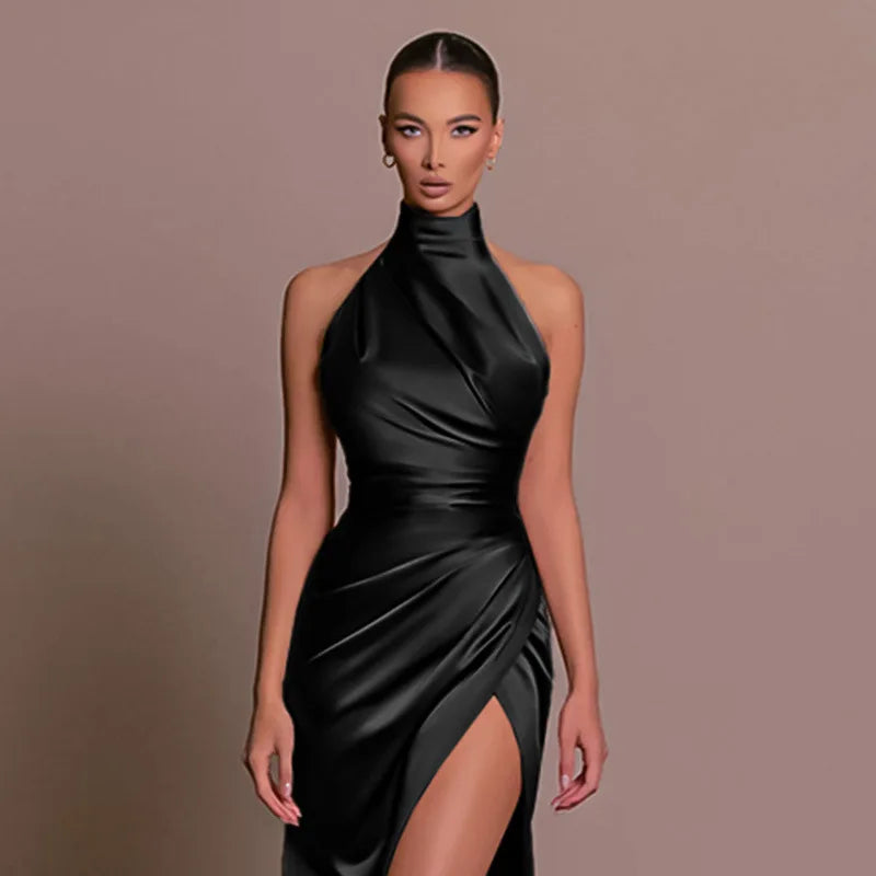 2026 Retro-stil Satin Halter Maxiklänning Elegant Midja Bantande Hög Slits Fest Formella Tillfällen Enfärgad Minimalism Lång Kjol