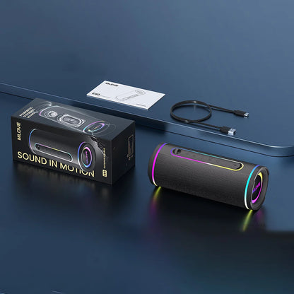 MLOVE E80 Bärbar Bluetooth-högtalare – Kraftfullt dubbelt ljud, färgglad RGB-belysning, helt vattentät (IPX7), TWS-kompatibel