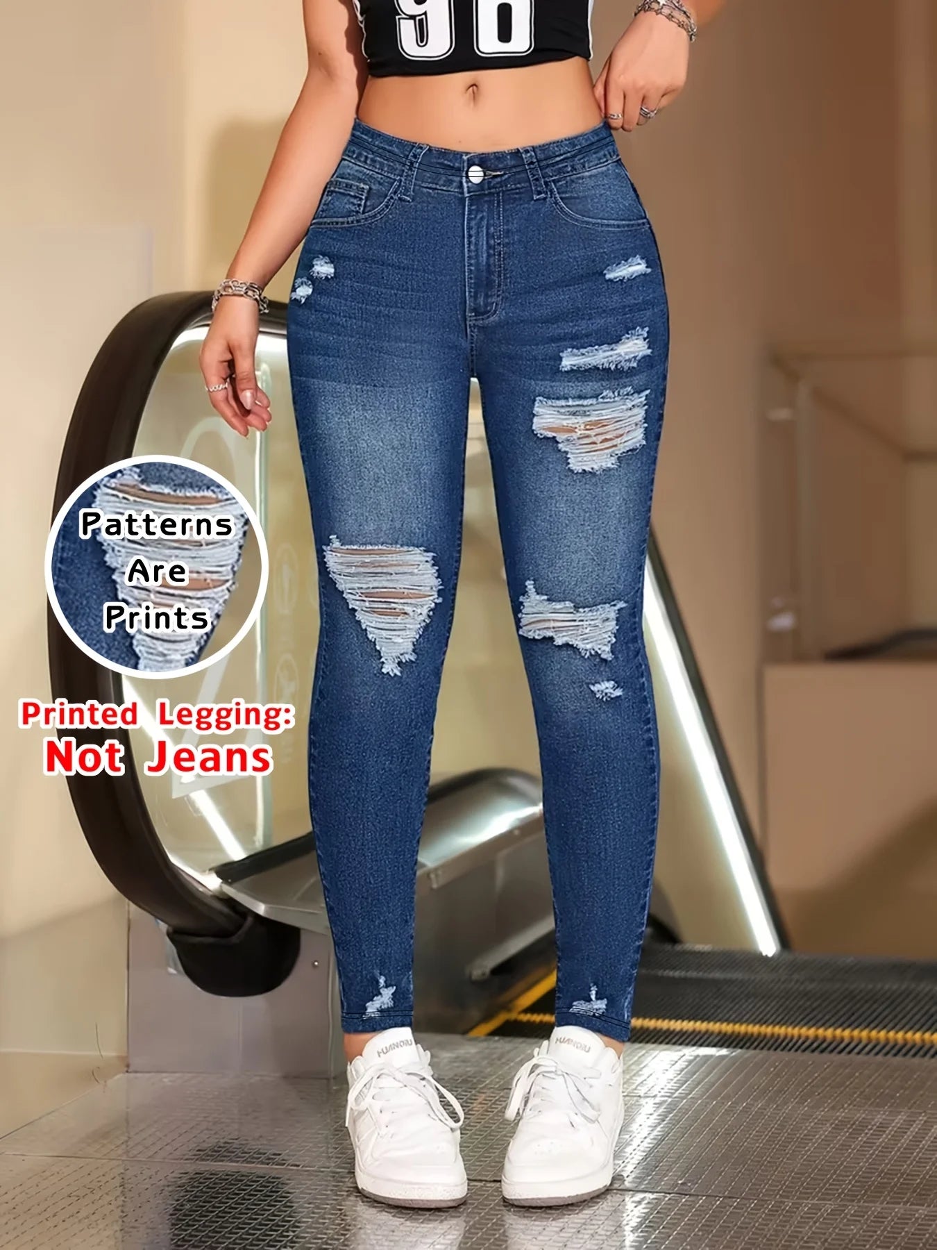 Modetryckta faux denim skinny byxor, hög midja elastisk höftlyftande magkontroll ytterkläder långa leggings