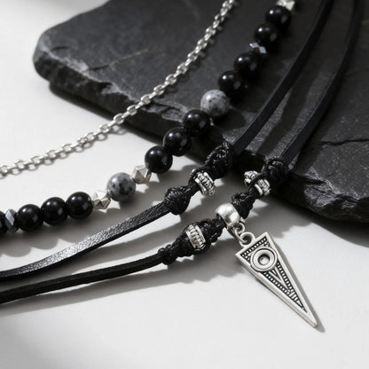 Rock Punk Halsband i Lager för Herrar, Avslappnat Halsband i Svart Läder med Flerlager, Vattentätt Litet Geometriskt Hänge Gåva