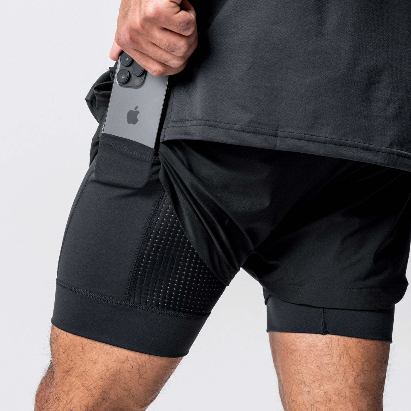 Herr Sommar 2-i-1 Dubbelskiktade Shorts Gym Fitness Träning Långsam Löpning Andningsbara Elastiska Kompressionsshorts Herr Dubbelskiktade Shorts