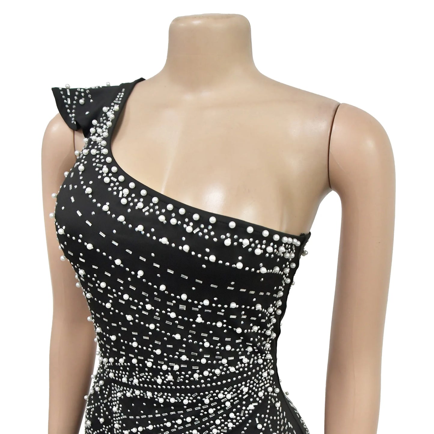 Damklänningar Golvlånga Klänningar Sned Krage Vestidos Heta Borrningar Ärmlösa Ena Axeln Höftomslag Fest Sexig Slim Fit