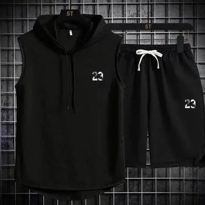 Sommar Nytt Herr Ärmlös Huva T-shirt + shorts Byxor Sport tvådelat set Gym Mode Casual Herr Dam Sport tvådelat set
