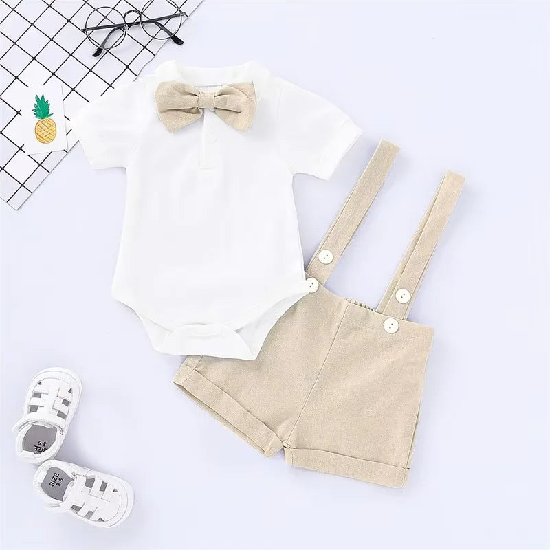 Mini Gentleman Outfit Nyfödd Baby Pojke Formella Dräkter Kortärmad Tröja Med Rosett + Sparkdräkt Korta Byxor Sommarmode 2 Delar Set