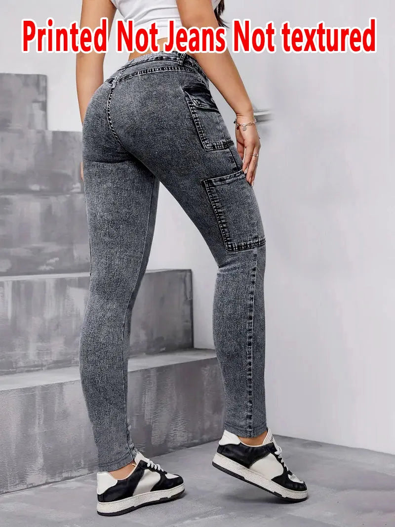 Dambyxor i denim utan läder, tajta byxor med texturfritt tyg för alla årstider