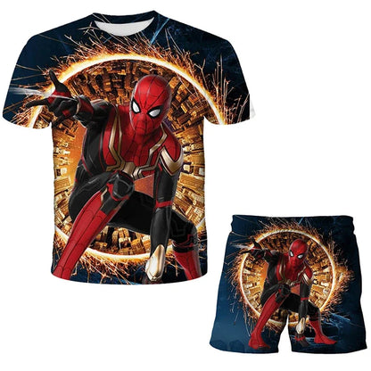 Kids Unisex Marvel Tshirt Set Summer Game Print Superhero Clothes Hulk Iron Man Short Sleeve Pants 2 Piece