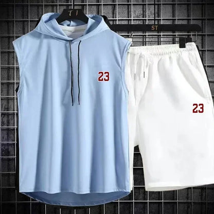 Sommar Nytt Herr Ärmlös Huva T-shirt + shorts Byxor Sport tvådelat set Gym Mode Casual Herr Dam Sport tvådelat set