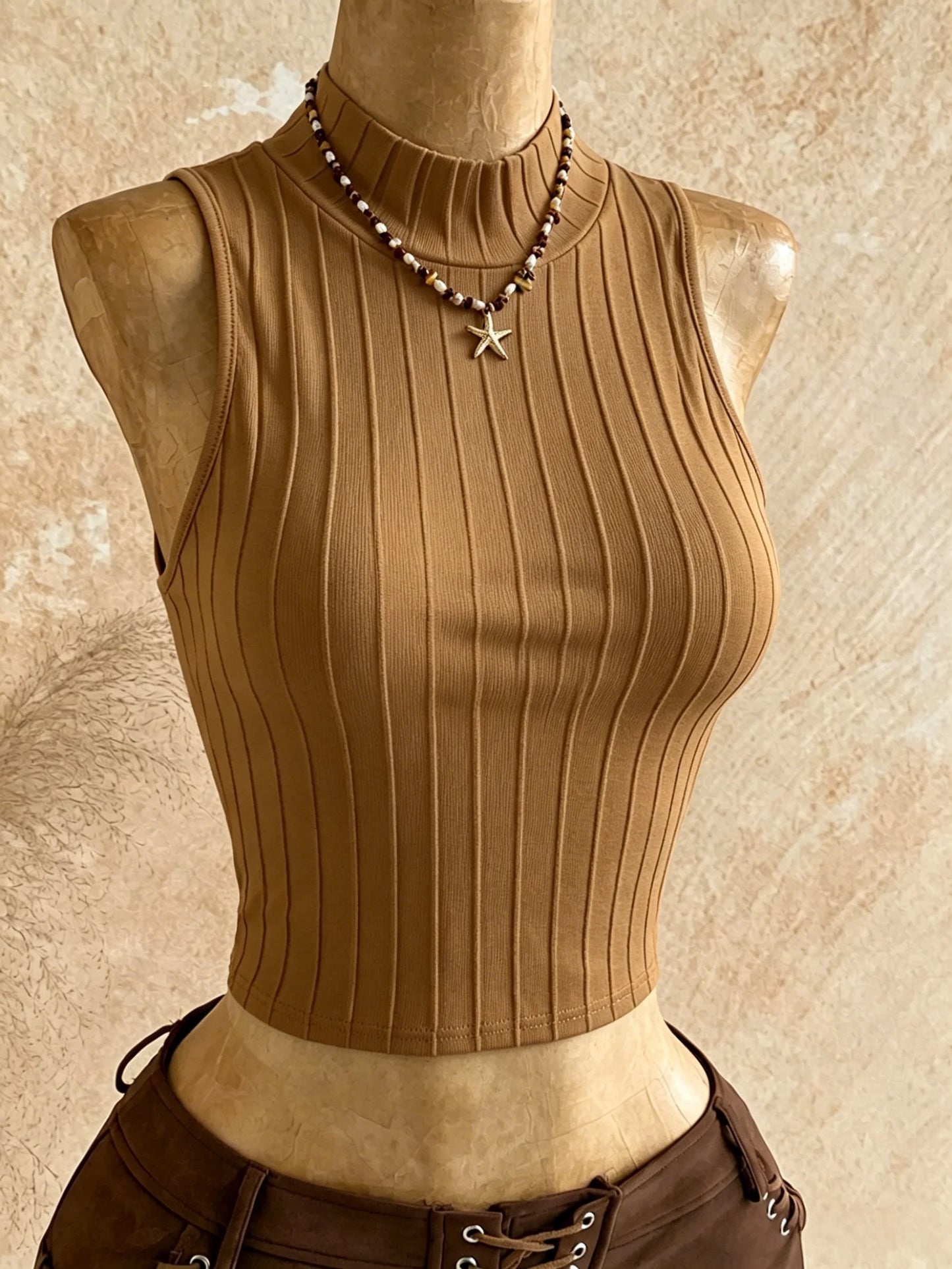 Women Caramel Brown Ribbed Knit Mock Neck Sleeveless Crop Top Casual Slim Fit Form Fitting Tank Top For Daily Wear Streetwear &