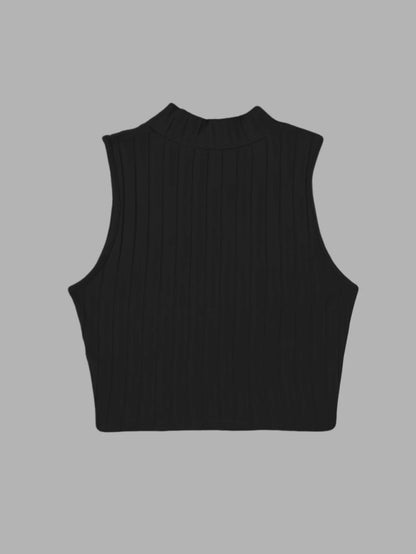 Women Caramel Brown Ribbed Knit Mock Neck Sleeveless Crop Top Casual Slim Fit Form Fitting Tank Top For Daily Wear Streetwear &