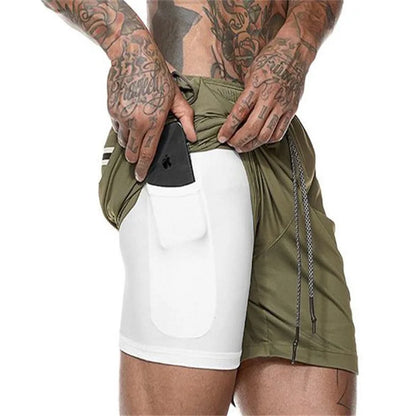Herr Sommar 2-i-1 Dubbelskiktade Shorts Gym Fitness Träning Långsam Löpning Andningsbara Elastiska Kompressionsshorts Herr Dubbelskiktade Shorts