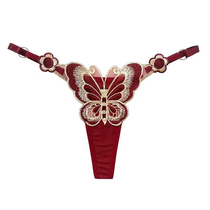 Fjärilsspetsstringtrosor för kvinnor Låg midja G-stringtrosor Transparenta meshtrosor Sexiga broderade trosor Justerbar midja Culotte Femm