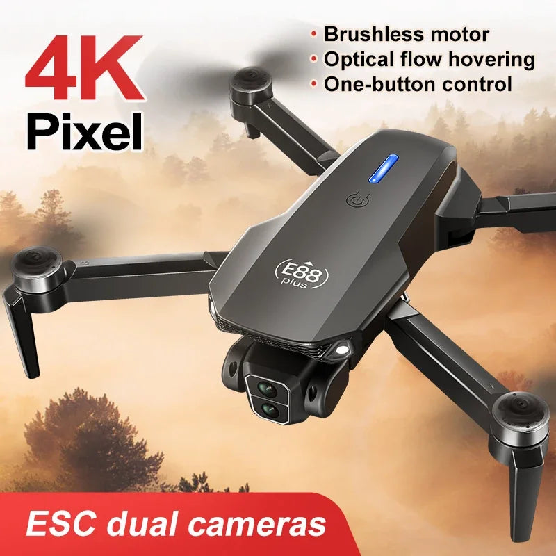 Ny E88 Plus Quadcopter-drönare: 90° elektriskt justerbar kamera, borstlös motor, optisk flödespositioneringsleksak