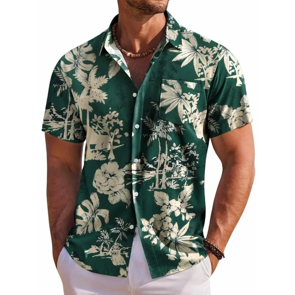 Herrskjorta med kort ärm, Hawaiiskjorta med botaniskt blommönster, slag, strandskjorta, topp, casual, moderiktiga skjortor