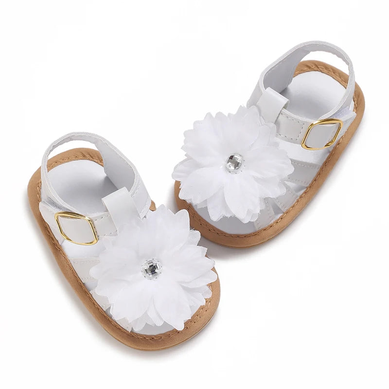 Babysko för lärande, sommarsandaler med blommig strass, mjuka och eleganta skor för spädbarnsflickor 0-18M