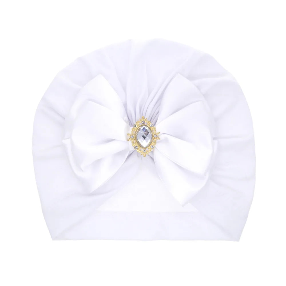 Enfärgad Baby Turban Rosett Bling Strass Spädbarnsmössor Flicka Mössa Mode Handgjord Band Rosett Indisk Mössa Mjuk Huva 0-2År
